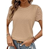 SHEWIN Womens Frenchy Summer Tops Crewneck Short Sleeve T Shirts Casual Waffle Knit Jacquard Blouses Top Shirts