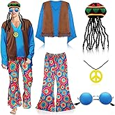 Amazleer Halloween Hippie Costume Men 60s 70s Hippie Set Pants Shirt Fringe Vest Sunglasses Necklace Rasta Hat Dreadlocks