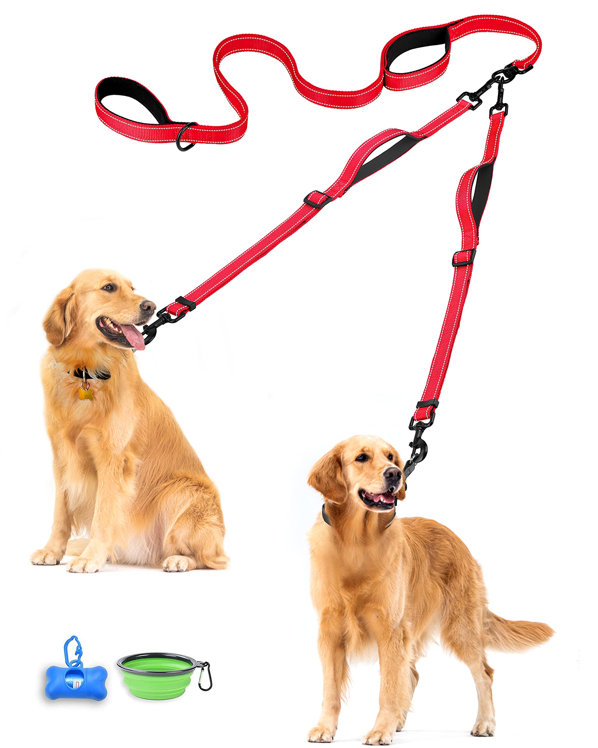 PetBonus Double Dog Leash, No Tangle Dual Leash, Reflective Walking Training Lead, 4 Comfortable Padded Handles for 2 Dogs with Collapsible Bowl and Waste Bags (Red, Large)