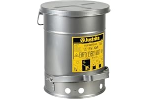 Justrite 6 Gallon Galvanized Steel Oily Waste Can, 16" x 12" Metal Oil Rag Safety Can with Quiet Foot Operated Self-Closing Lid for Oil Rag Disposal, Made in The USA, Silver, 09104