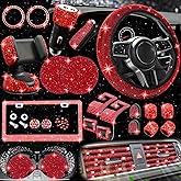 NBTEPEM 27 PCs Red Bling Car Accessories Set for Women, Steering Wheel Covers Universal Fit 15 Inch, Bling License Plate Frame, Bling Phone Holder, Bling Car Coasters (Red Diamond)