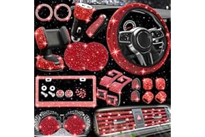NBTEPEM 27 PCs Red Bling Car Accessories Set for Women, Bling Steering Wheel Covers Universal Fit 15 Inch, Bling License Plate Frame, Bling Phone Holder, Bling Car Coasters (Red Diamond)