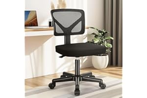 DUMOS Armless Office Chairs with Wheels, Ergonomic Adjustable Home Desk Swivel Rolling Task Chair No Arms, Comfy Mesh Mid Back Computer Work Vanity Desk Chairs for Small Spaces, Dark Black