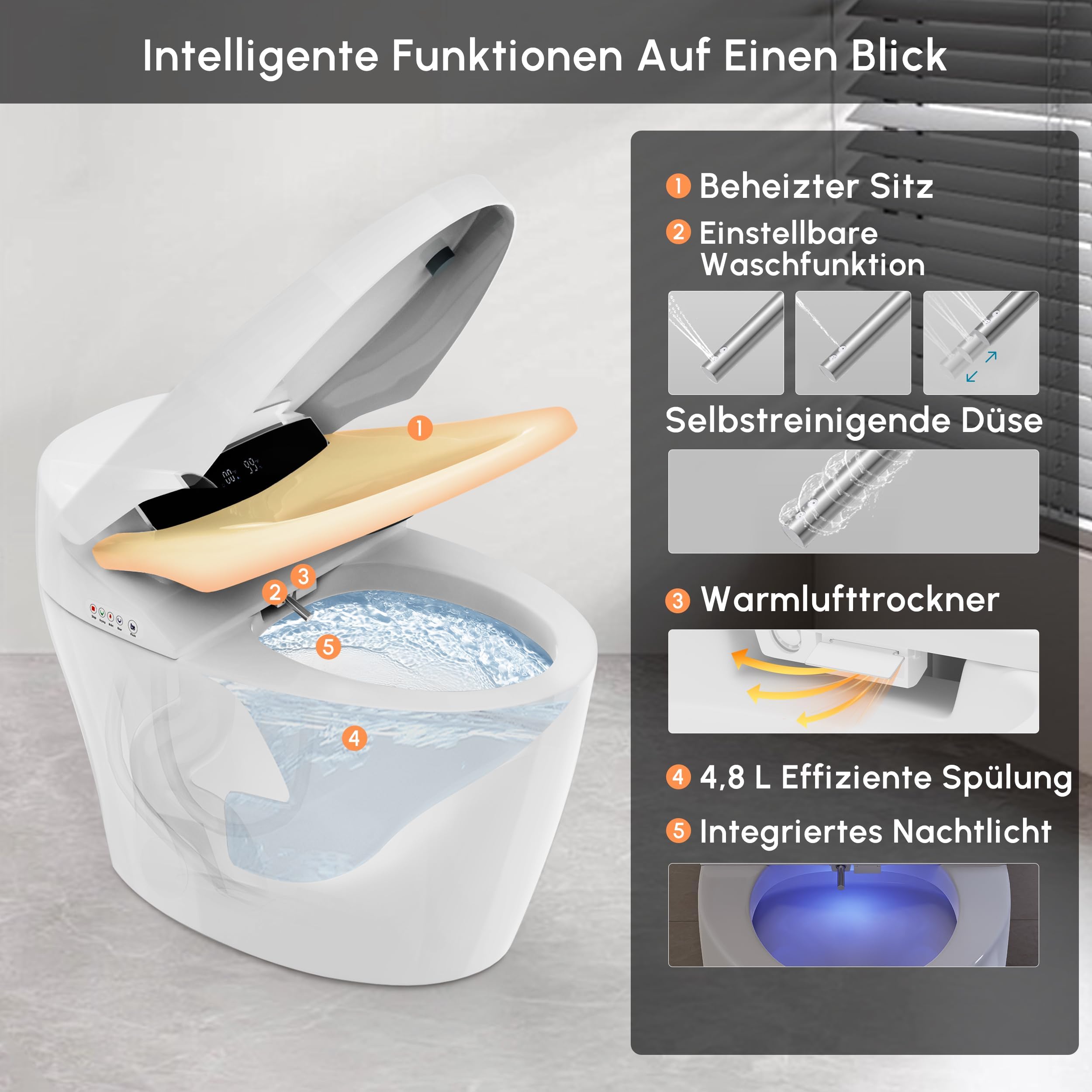 Homary Japanische Toilette Tanklos, Dusch WC mit Bidet Funktion, Standard Halbautomatische, Manuelle Deckelöffnung, Automatische Spülung, Sitzheizung, Horizontaler Abgang, J021123584 2