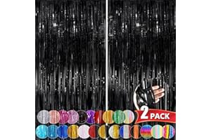 NUWDHP Black Metallic Tinsel Foil Fringe Curtains, 2 Pack 3.3x8.3 Feet Party Streamer Curtains for Birthday Party Decorations, Halloween Decor, Foil Curtain Backdrop for Bachelorette Party
