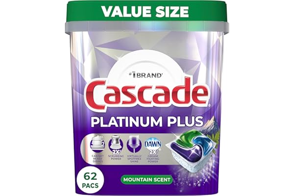 Cascade Platinum Plus ActionPacs Dishwasher Detergent Pods, Mountain, 62 Count