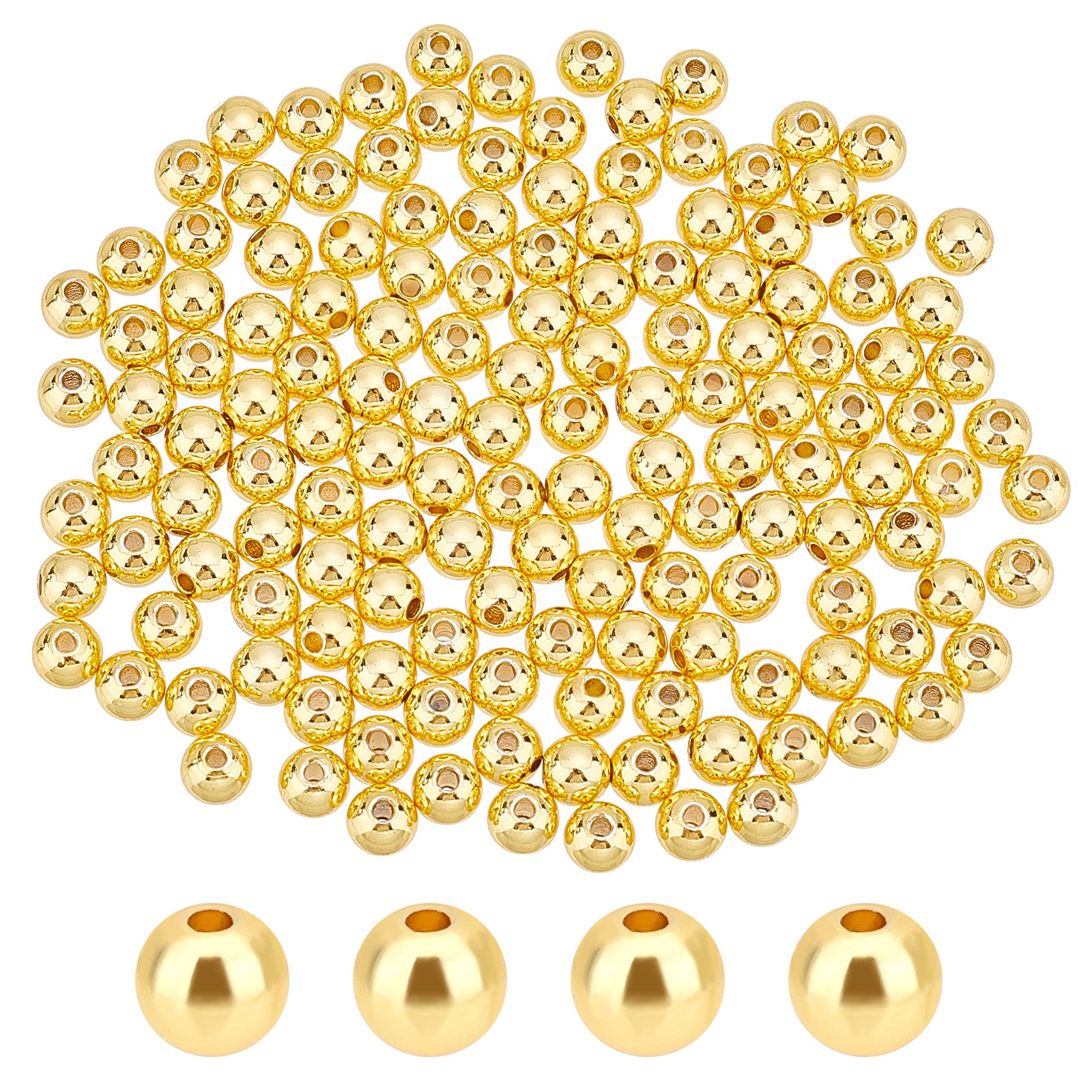 PH PandaHall 150pcs 6mm 18K Gold Plated Beads Long-Lasting Round Smooth Spacer Bead Seamless Loose Ball Beads for Summer Hawaii Stackable Necklace, Bracelet, Earring Making