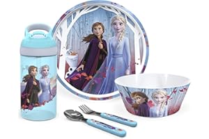 ZAK DESIGNS zak! Disney Frozen 2 - 5-Piece Dinnerware Set - Durable Plastic & Stainless Steel - Includes Water Bottle, 8-Inch Plate, 6-Inch Bowl, Fork & Spoon - Suitable for Kids Ages 3+