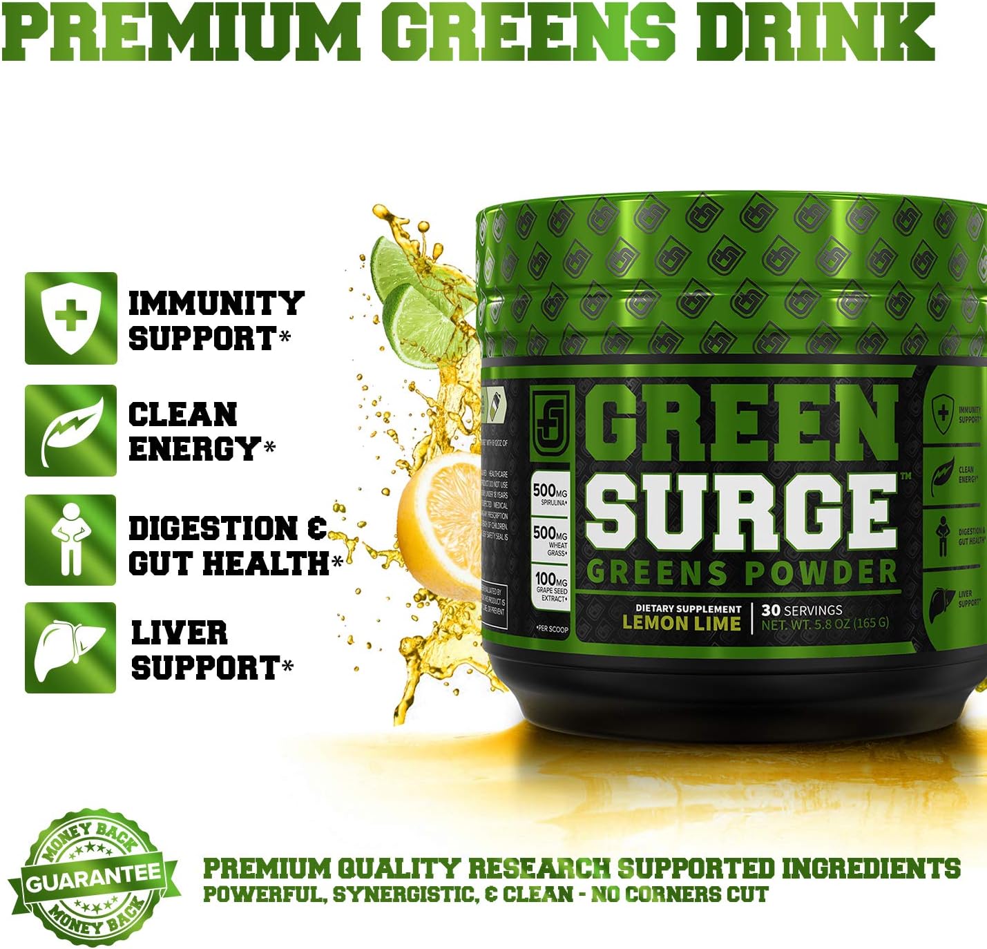Green Surge Green Superfood Powder Supplement - Keto Friendly Greens Drink w/Spirulina, Wheat & Barley Grass, Organic Greens - Green Tea Extract, Probiotics & Digestive Enzymes - Lemon Lime - 30sv: Health & Personal Care