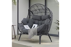 IRONCK Double Egg Chair Outdoor, 2 Person Wicker Lounge Chair, Oversized Thickened Padded Cushions and Headrests, 680 Lbs Egg Loveseat for Indoor, Patio, Living Room, Porch, Balcony, Dark Grey