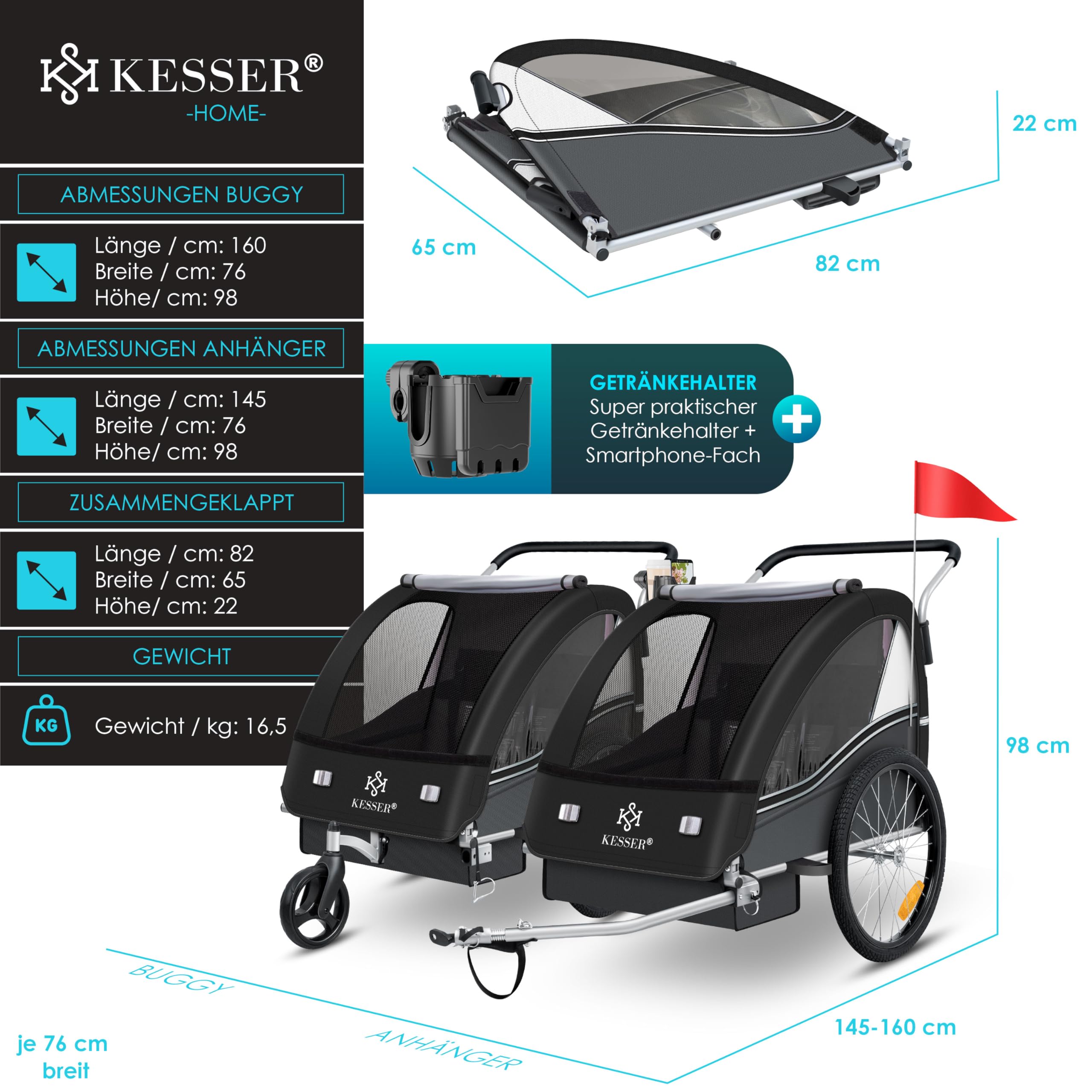 KESSER® Kinderfahrradanhänger Sport-RX 2in1 Jogger & Buggy 5-Punkt-Gurt Sicherheitsgurt 360° Vorderrad Kinderfahrradanhänger Reflektoren für 1-2 Kinder (max. 40 kg) Getränkehalter & Smartphonefach 7