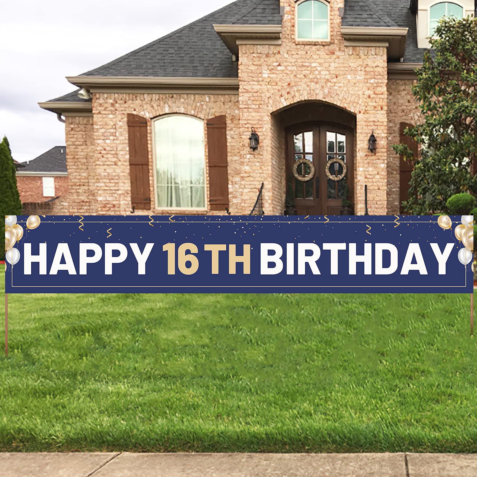 Photo 1 of Happy 16th Birthday Banner Blue, Large 16th Bday Sign, 16th Birthday Party Outdoor Decoration for Boy Men?9.8 x 1.6 feet?