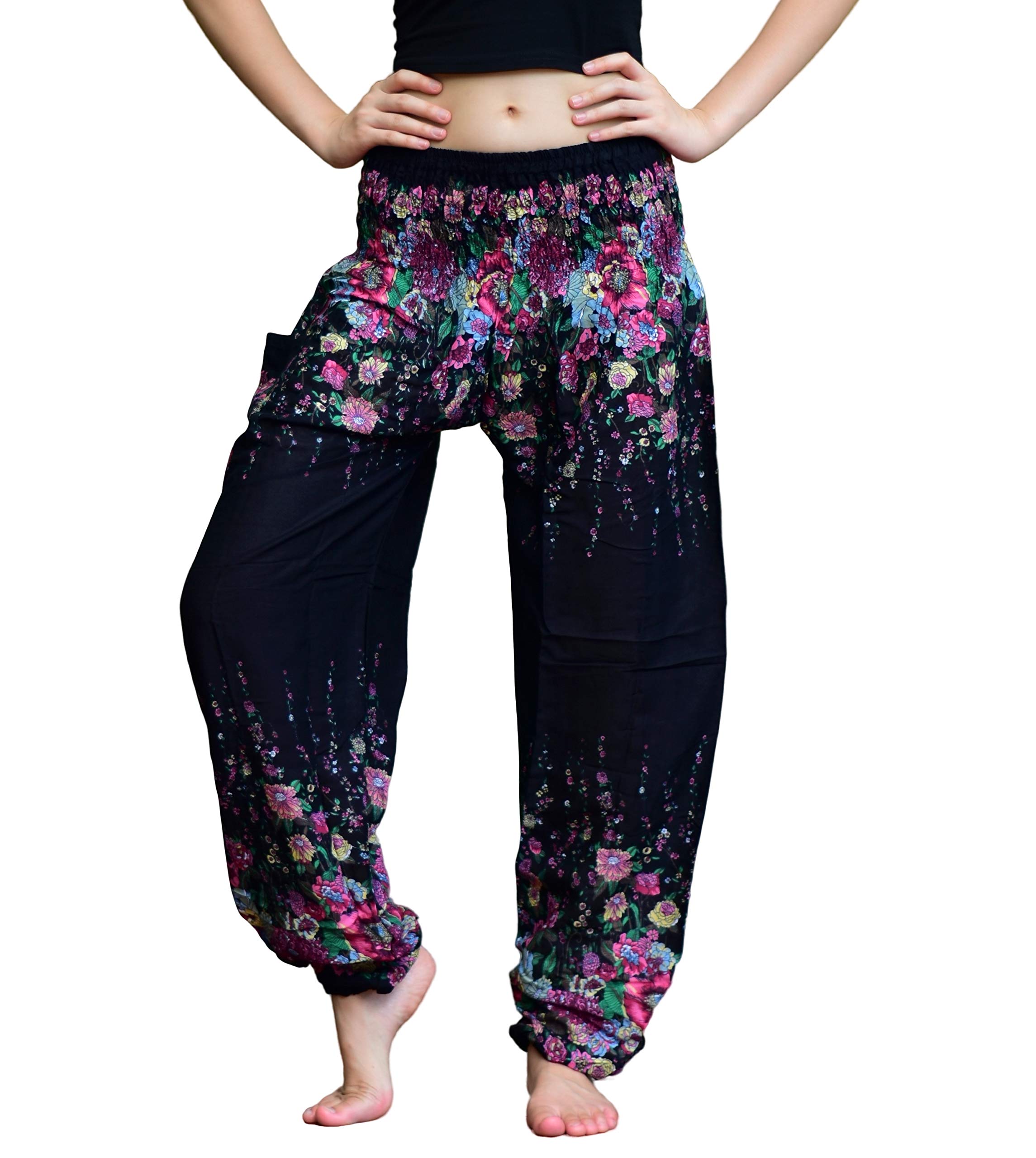 Bohotusk Womens Plain and Patterned Bohemian Harem Pants Hippy Boho Style One Size Elasticated Waist | Hippie Festival Trousers (Black Floral, Large/X-Large (UK Size 14-16)