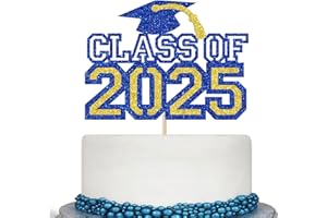 CALARJETA Glitter Class of 2025 Cake Topper - Congrats Grad Decorations - 2025 High School/College/University Graduation Party Decoration Supplies, Blue and Gold