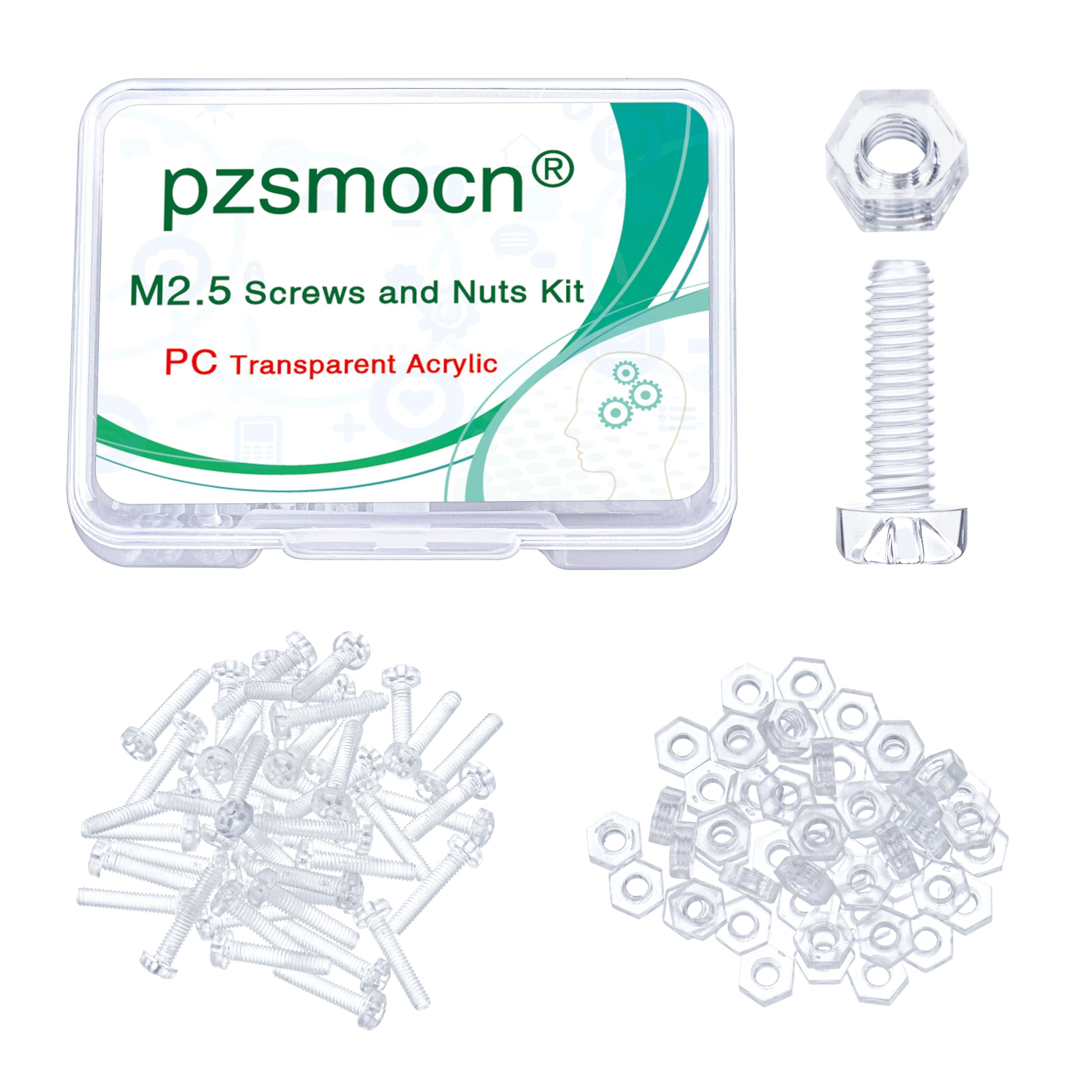 Pzsmocn 100 Pieces/50 Sets M2.5 * 12 mm PC Transparent Plastic Cross-recessed Round Head Screws and Hexagonal Nuts Kit, Corrosion-resistant, for DIY, Model and Electronic Product Fixation.