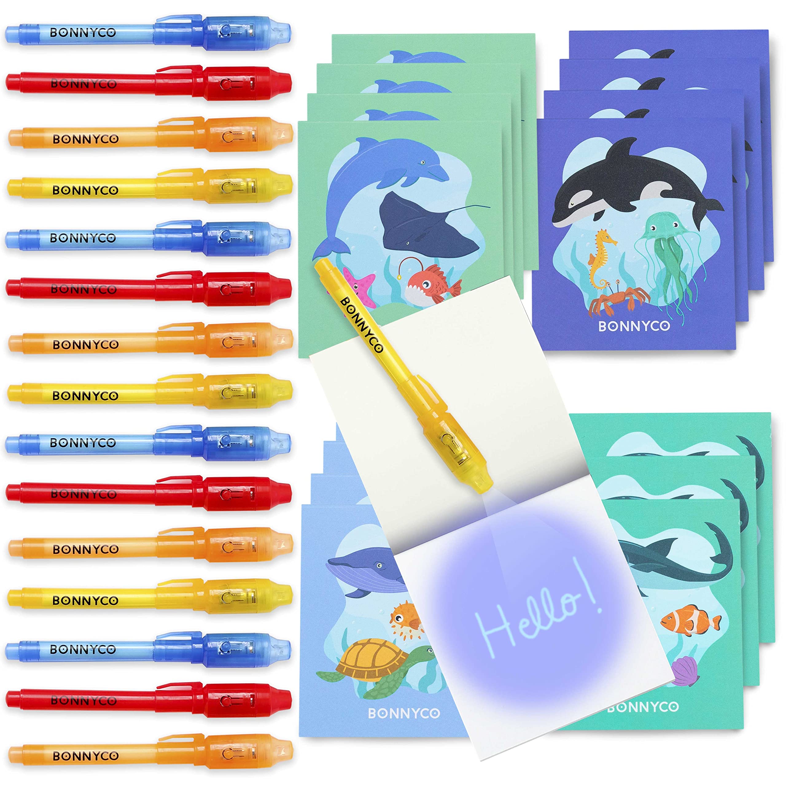 BONNYCO Invisible Ink Pen and Notebook, Pack 16 Sea Animals. Ocean Party Bags Fillers and Pinata Toys, Birthday Decorations. Stocking Fillers for Kids Birthday, School Prizes, Gifts for Children — image 1