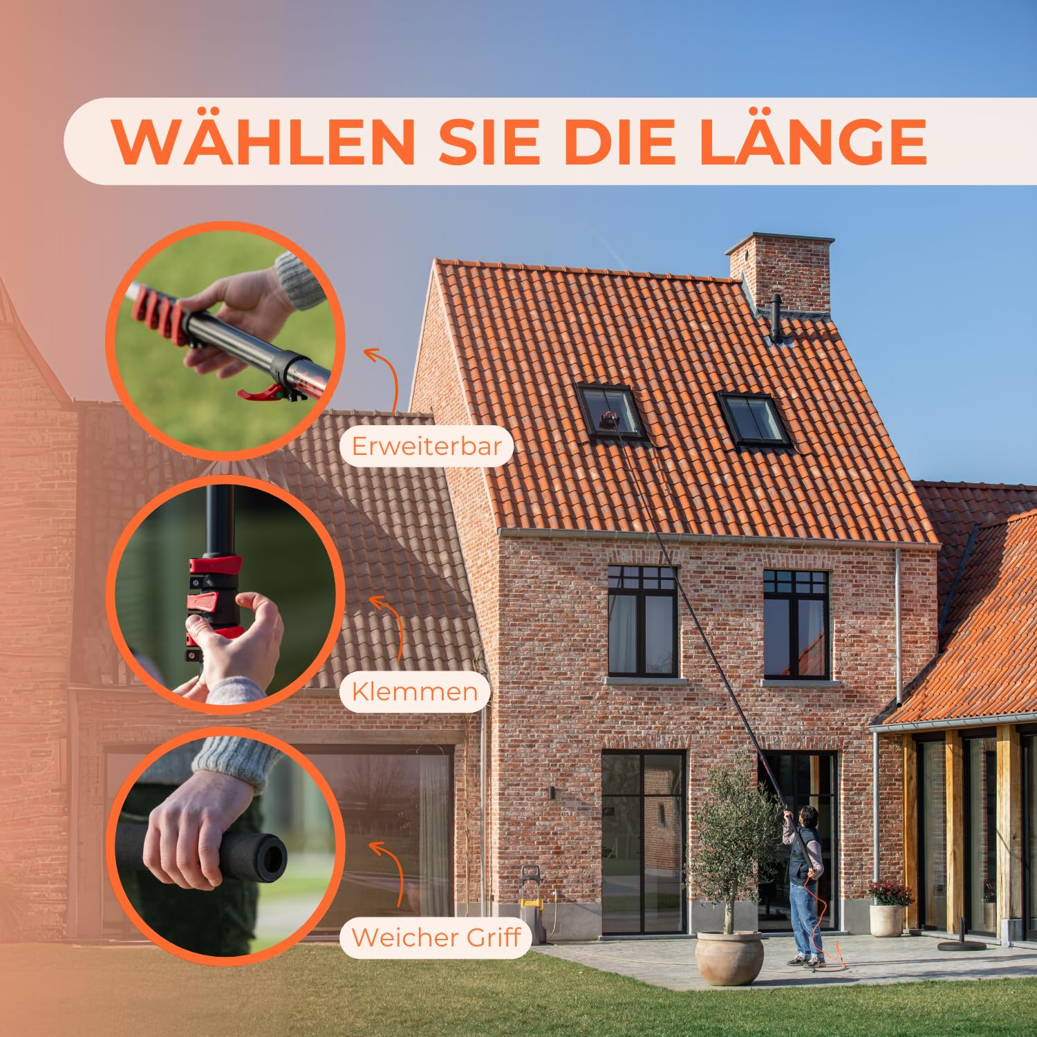 Aquascopic Teleskopstange mit interner Wasserspender und Bürste mit 5 Flächen – Fensterputzer längenverstellbar – Bis zu 3.6m – Fensterreiniger für Sonnenkollektoren - Interner Wasserschlauch 3