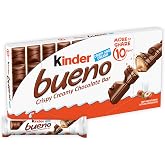 Kinder Bueno Milk Chocolate Bars, Crispy Wafer Hazelnut Cream, 10 Ct | Sweet treat snacks for adults, milk chocolate candy bars with crispy wafer &amp; hazelnut cream, individually wrapped candy bars