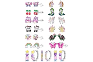 SYNLIN 15 Pairs Stud Earrings Set :12 Pairs Unique Cartoon Flat Back Earrings & 3 Pairs Mini Hoops with Stainless Steel Posts and Screwback Earring