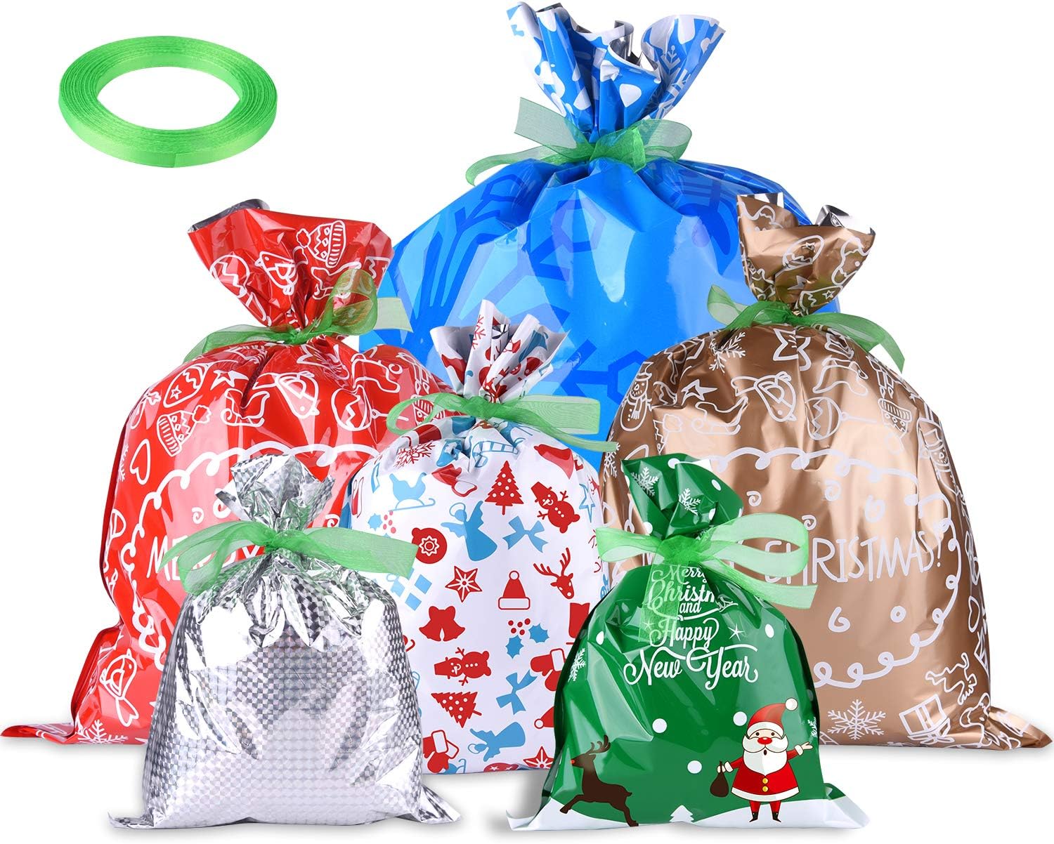 MIAHART 25 Pack Xmas Gift Bag Christmas Goody Bags Gift Wrapping Assorted Styles 4 Sizes Xmas Gift Bags with 20m Ribbon Ties for Gift Wrapping Supply
