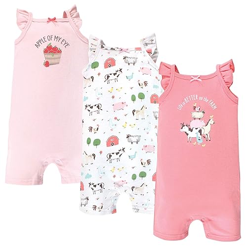 Hudson Baby Unisex Baby Cotton Rompers, Girl Farm Animals, 12-18 Months
