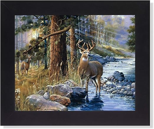 Amazon Com Buck Deer And Doe By Lake Cabin Lodge Wall Picture
