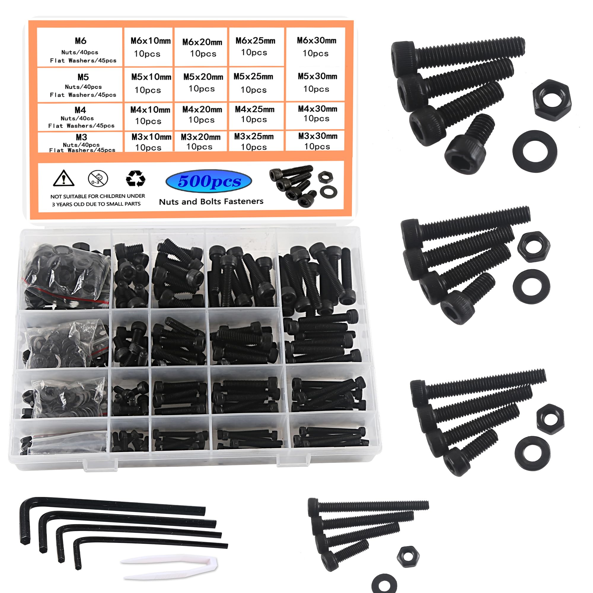 HVDHYY Nut and Bolt Set M3 M4 M5 M6 Black Hex Socket Machine Screws & Nuts & Washers Assortment Kit with Reusable Storage Box and 4 Hex Wrenches - 500pcs