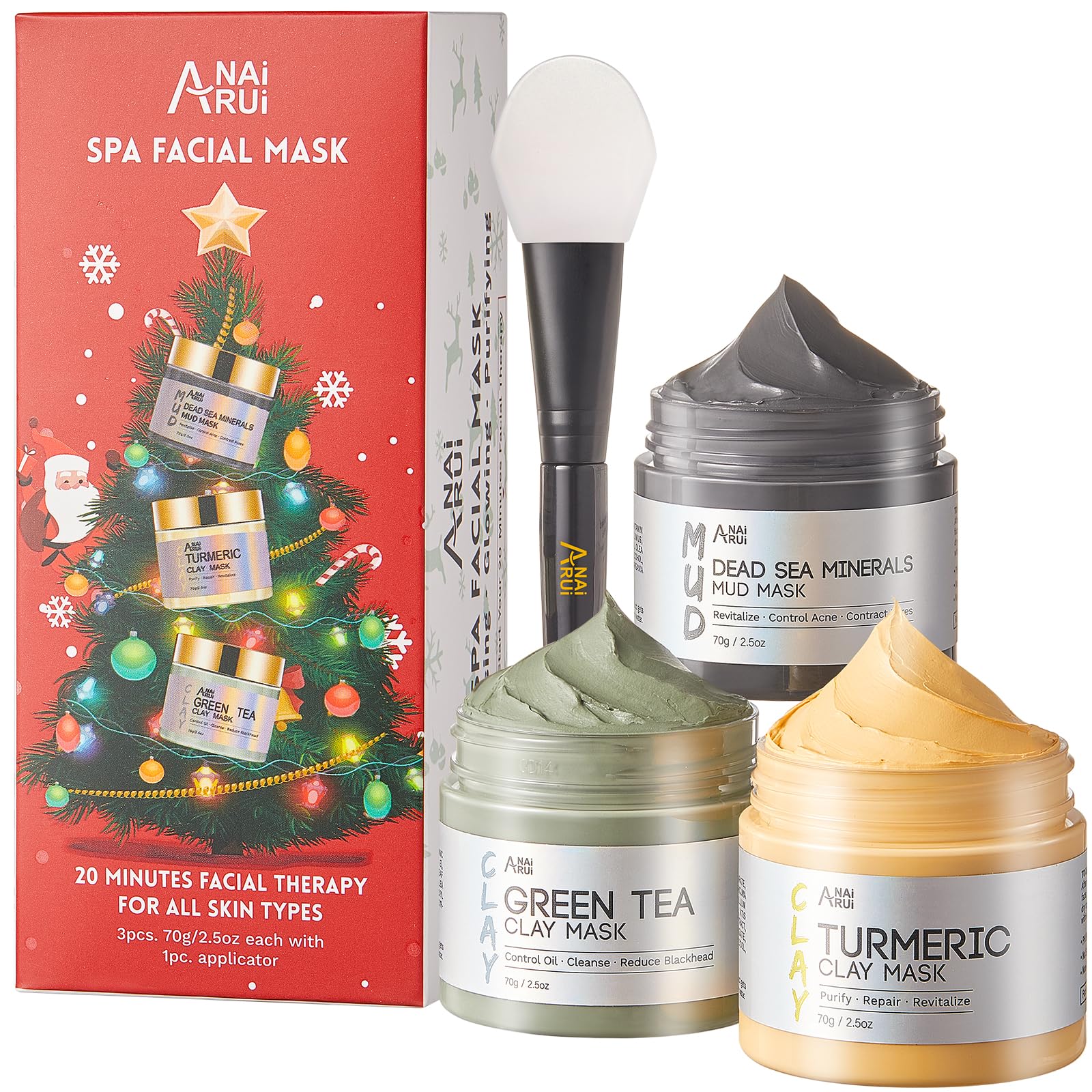 ANAiRUi Face Mask Gift Set for Christmas 70g*3, Turmeric Clay Mask - Green Tea Clay Face Mask - Dead Sea Minerals Mud Mask, Stocking Stuffers for Women &Teen Girl — image 1