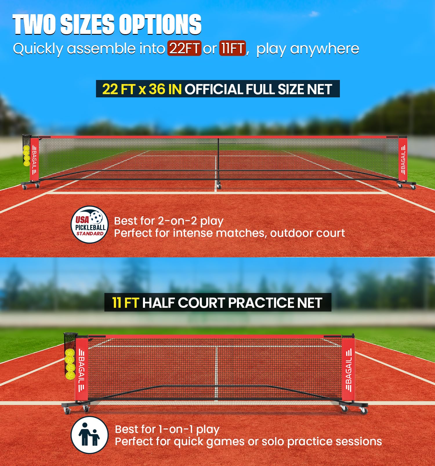 BAGAIL Portable Pickleball Net Set with Wheels, 22 FT Regulation Size & 11 FT Half Court Size 2-in-1 Pickle Ball Net with Ball Collector, Carry Bag, 4 Pickle Balls, Easy Setup for Outdoor Indoor