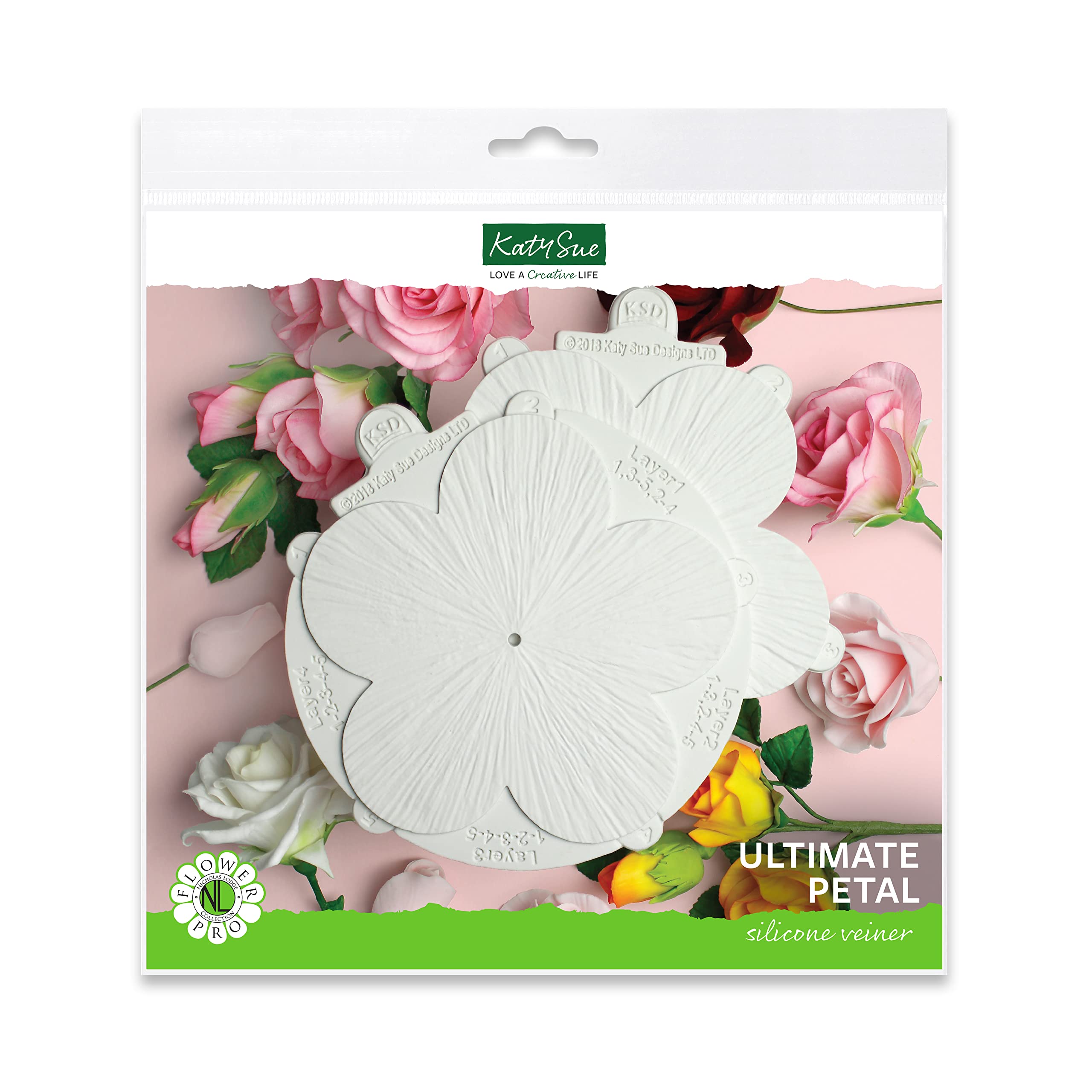 Flower Pro Ultimate Petal Veiner Silicone Moulds Set from Katy Sue. A Front & Back Petal Veiner for Making Fondant & Clay Flowers for Cake Decorating & Craft. Veiner Diameter 145 Millimetres.