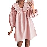 Ynhonra 2026 Women's Babydoll 3/4 Puff Sleeve Plaid Mini Dress Lapel Doll Collar Loose Y2k Dress