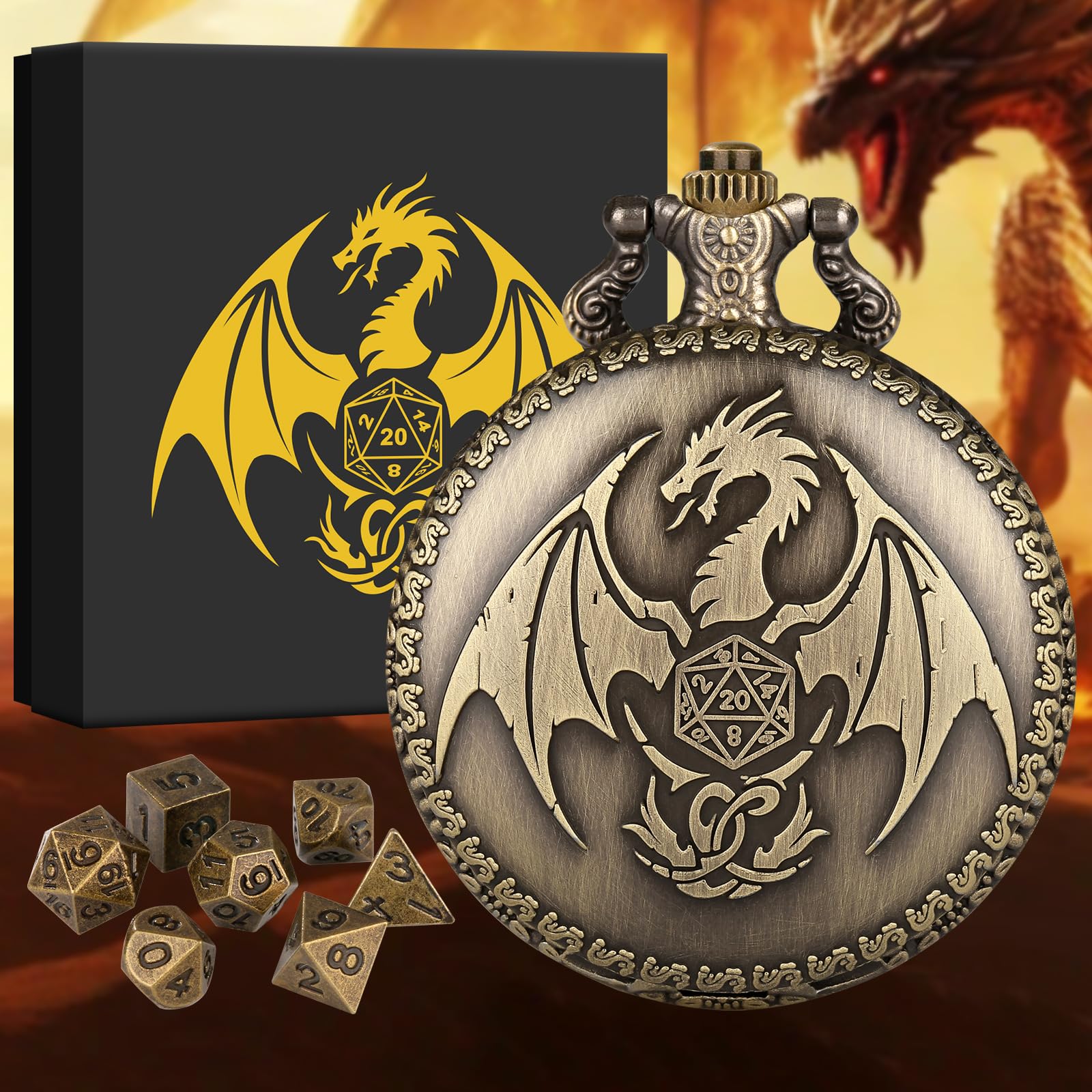 BYRRSF Mini DND Dice Set Steampunk Dragon Pocket Watch Shell Case, 7pcs Polyhedral Metal D&D Dice Set, DND Gifts with Gift Box, Role Playing Board Games Accessories, Bronze
