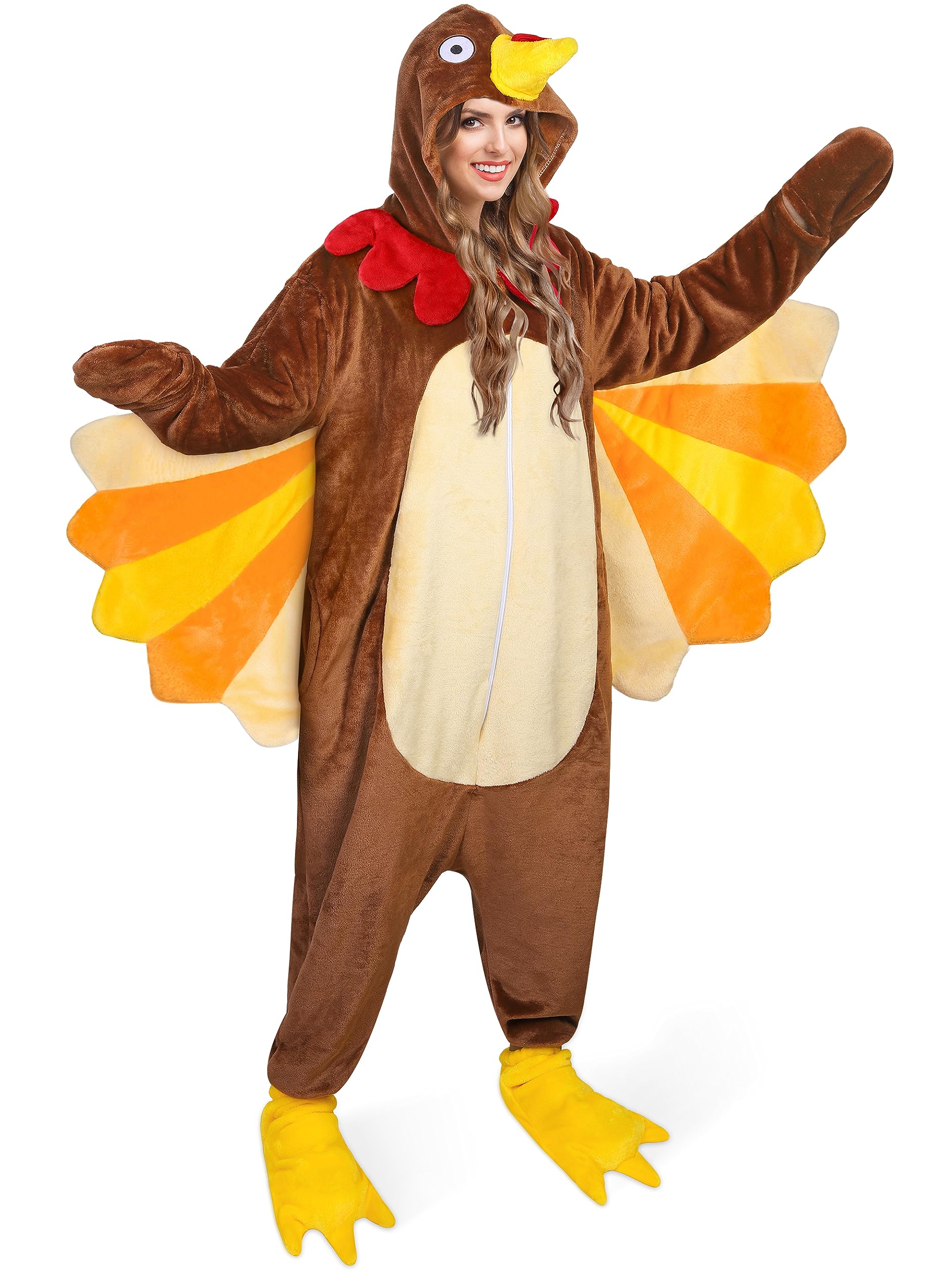 Photo 1 of AOTHSO Thanksgiving Turkey Adult Onesie Turkey Plush Bird Onesie Costume with Animal Shoes Cosplay for Women and Men Brown