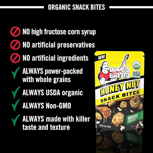 DAVE’S KILLER BREAD HONEY NUT ORGANIC SNACK BITES, HONEY ORGANIC SNACKS, 7.2 OZ