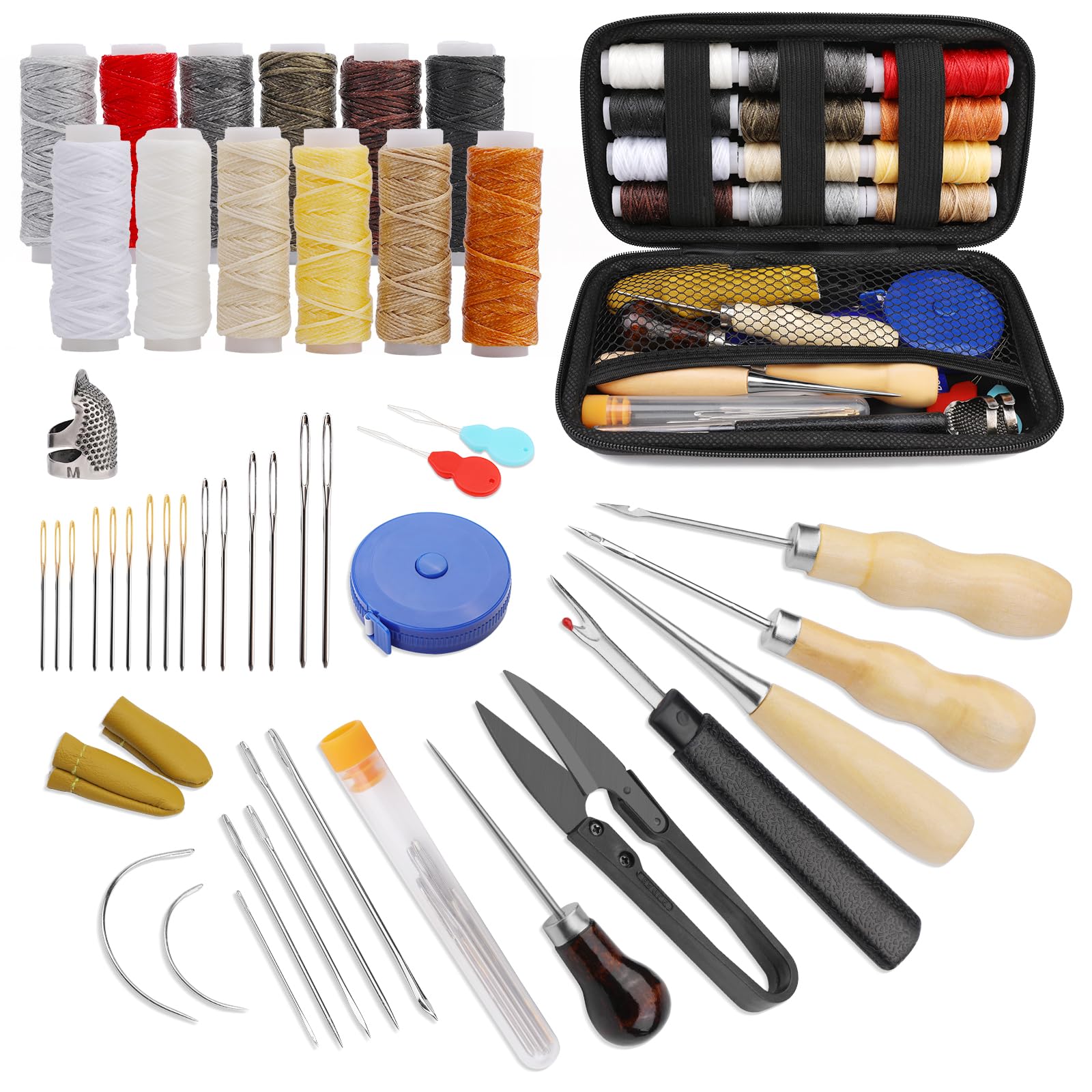 SUVSOON Leather Sewing Kit, Upholstery Repair Kit with Heavy Duty Waxed Thread Sewing Needles Awls Thimble for Shoes Sofa Carpet Repair and Sewing Leather Working Tools and Supplies
