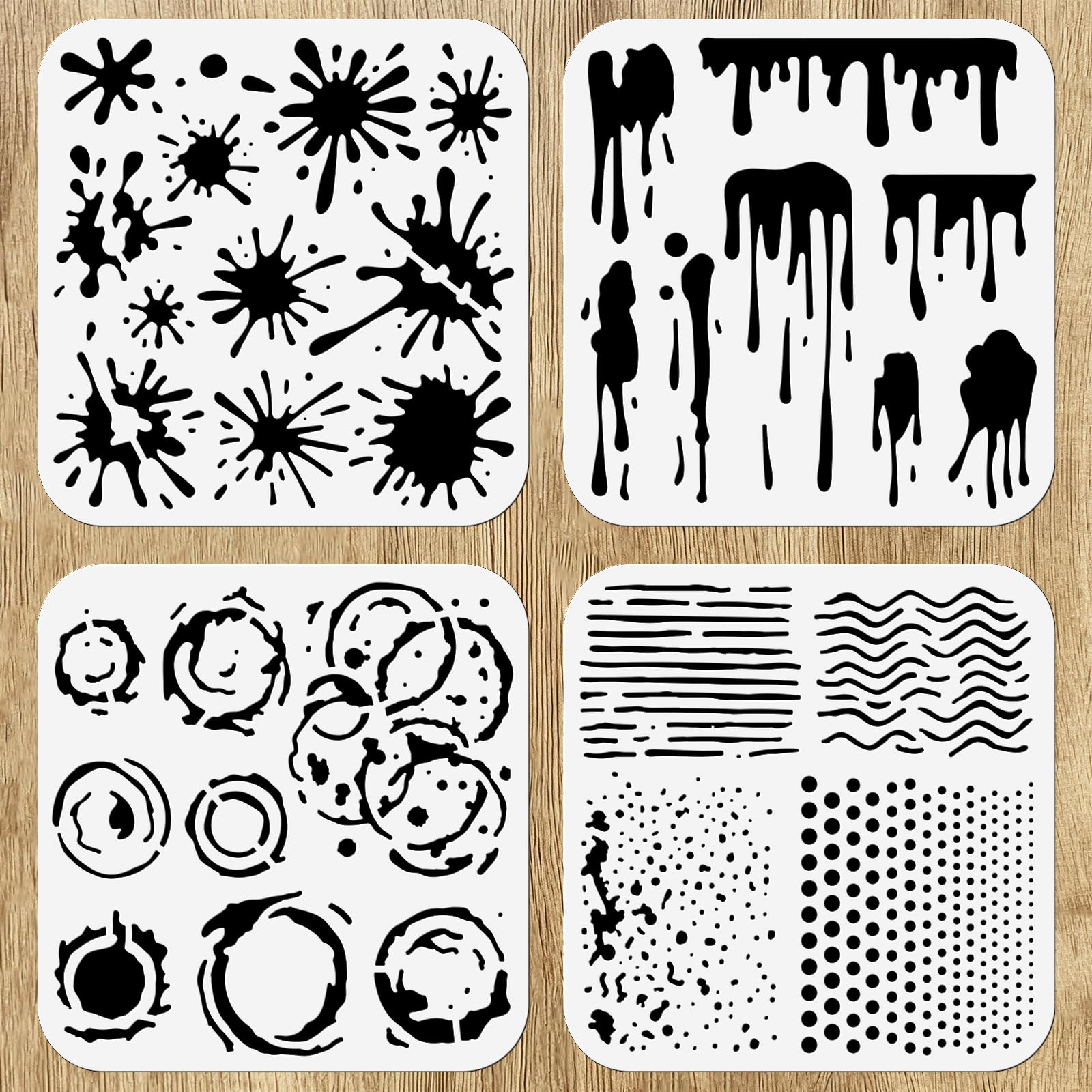 WEBEEDY Stain and Splatter Stencils, 4 Pcs, DIY Art Stencils for Painting on Wood, Wall, Canvas, Fabric, Floor, DIY Crafts, Home Decor