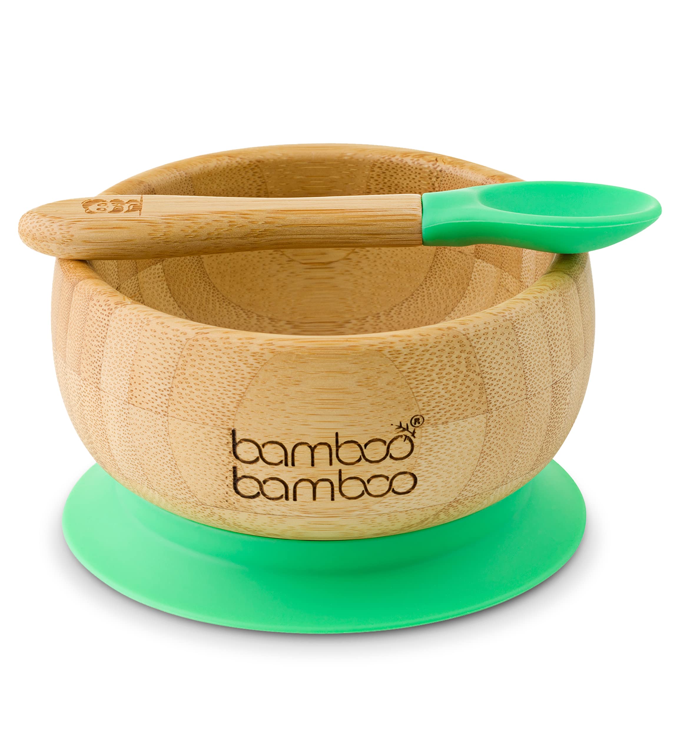 bamboo bamboo Baby Bowl and Spoon Set for Weaning, Bowl with Silicone Suction Ring, Toddler Bowls with Baby Spoon for Babies from 6 Months (Green)