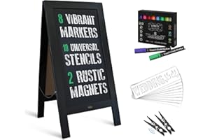 HBCY CREATIONS Rustic Black A-Frame Chalkboard Deluxe Set / 8 Chalk Markers + 10 Stencils + 2 Magnets! Outdoor Sidewalk Chalkboard Sign/Large 40" x 20" Sturdy Sandwich Board (The Deluxe Set)