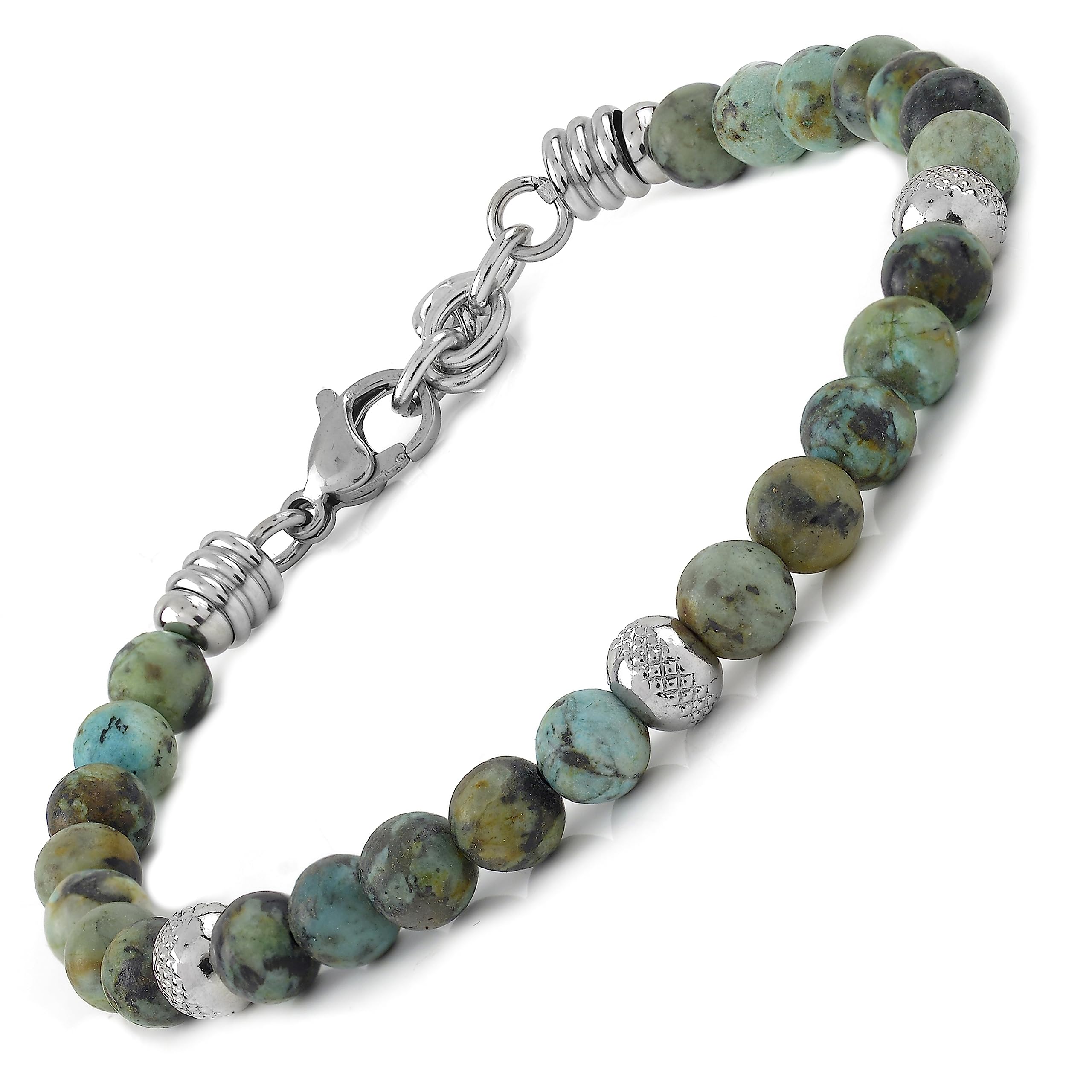 10:10 Jewels Men's and Women's Bracelet with 0,25 inch Natural African Turquoise Stones, Male or Female Bracelet with Diamond Beads in Stainless Steel and Very Resistant, Made in Italy