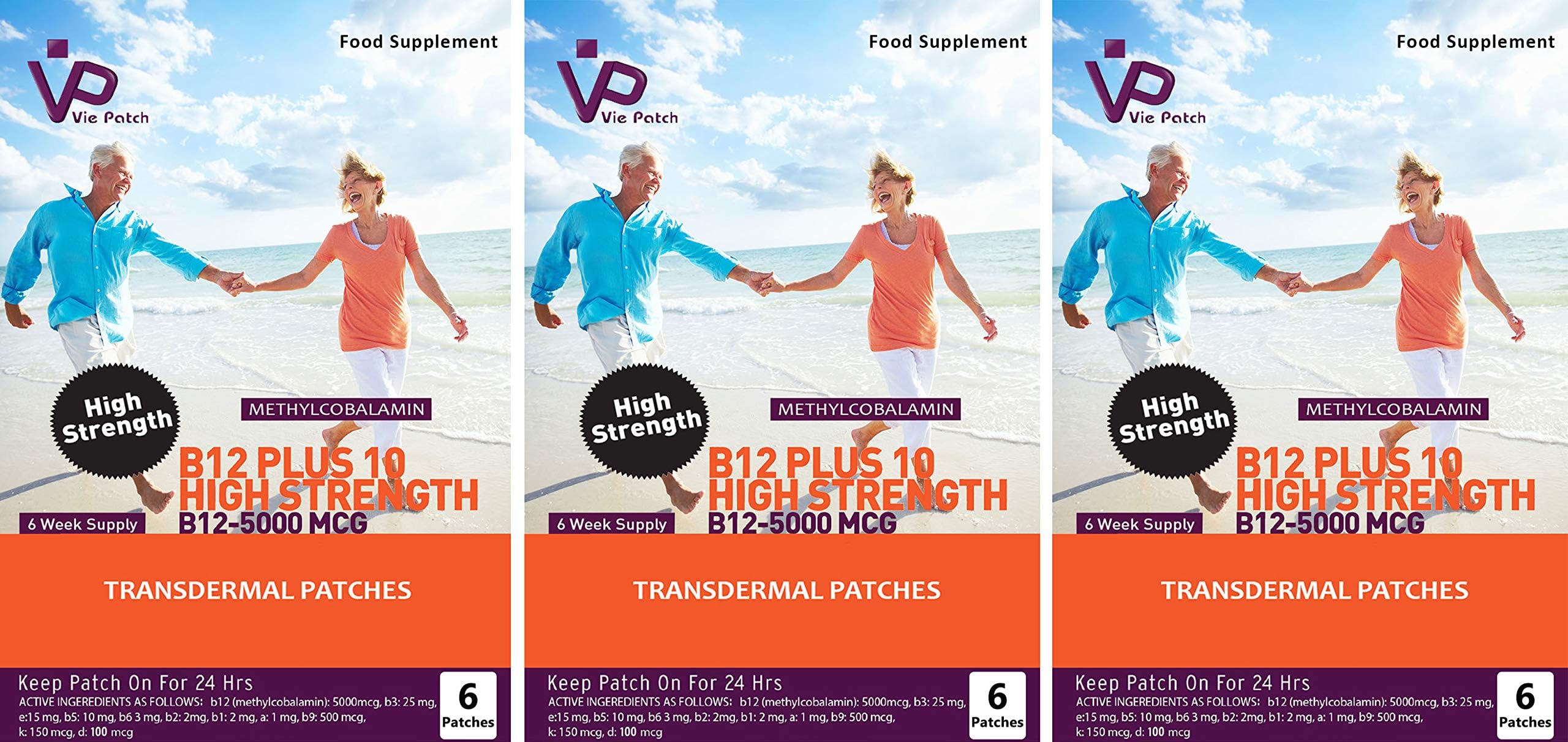 Vie Patch - Vitamin B12 Plus 10 - HIGH Strength - B12-5000 MCG. 3 x 6 Patches. No More Feeling Tired Or Sluggish. 100% Natural. 18 Weeks Supply