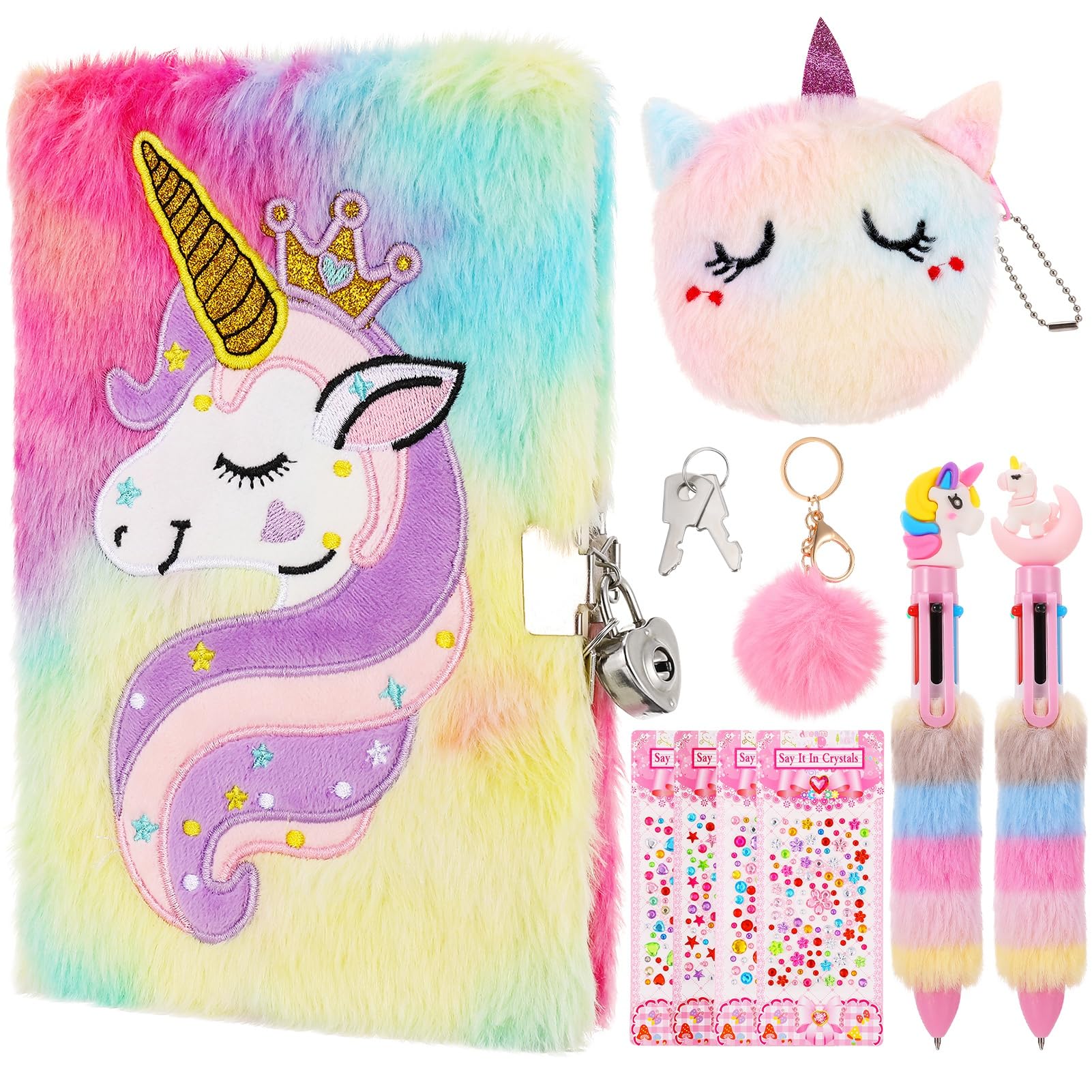 Candcamp Unicorn Secret Diary For Girls With Lock, Fluffy Secret Notebook Unicorn Journals With Hangbag Pen Stickers Bracelet Fluffy Keyring For Girls Age 5-12 β image 1
