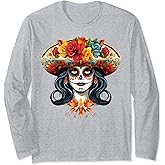 De Los Muertos La Catrina Sugar Skull Floral Skull Mexican Long Sleeve T-Shirt