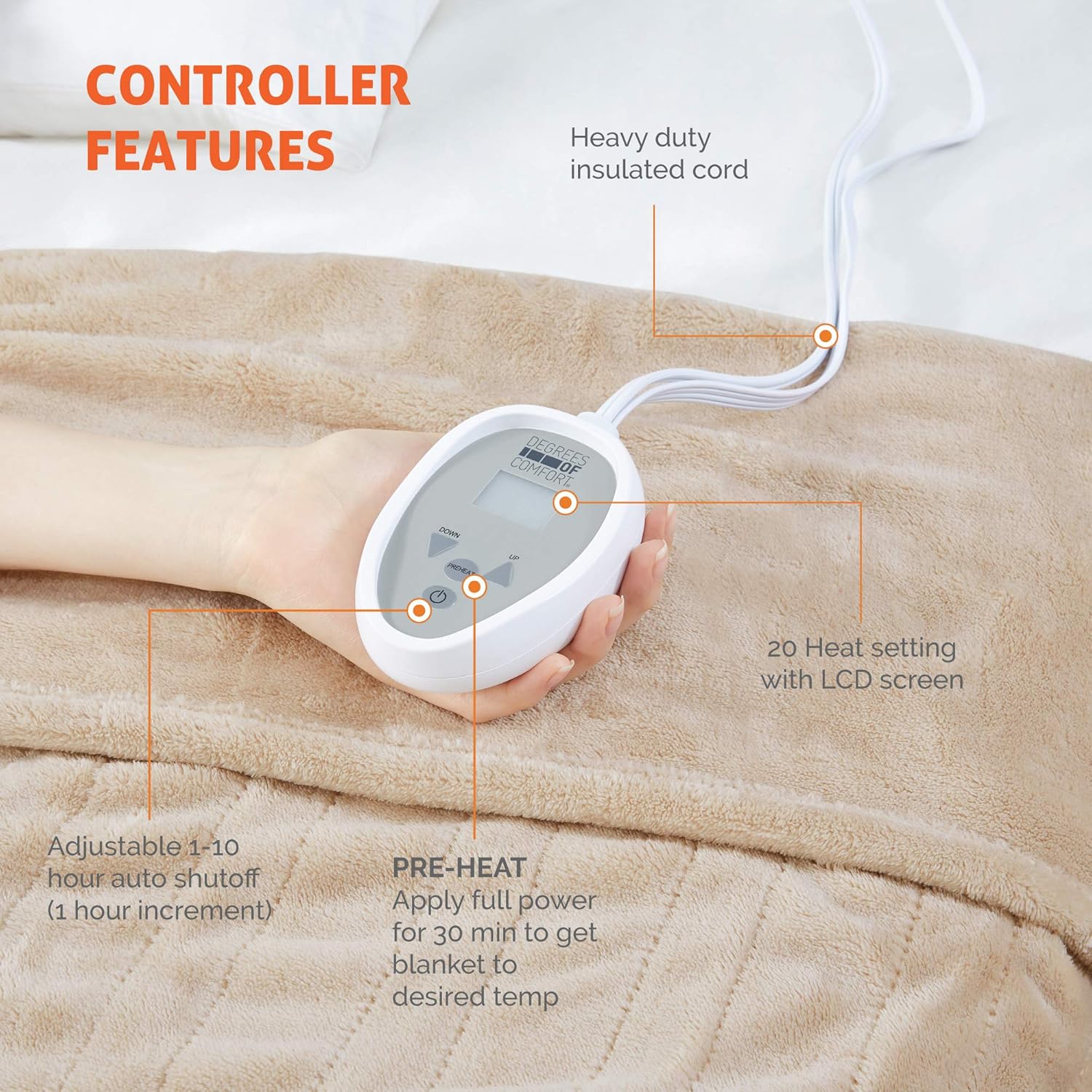 Degrees of Comfort [Advanced Microplush Heated Blanket for Bed & Living Room | Machine Washable Electric Blanket W/Auto Shut Off | Preheat Setting | UL Certified and EMF Radiation Safe - Beige: Home & Kitchen