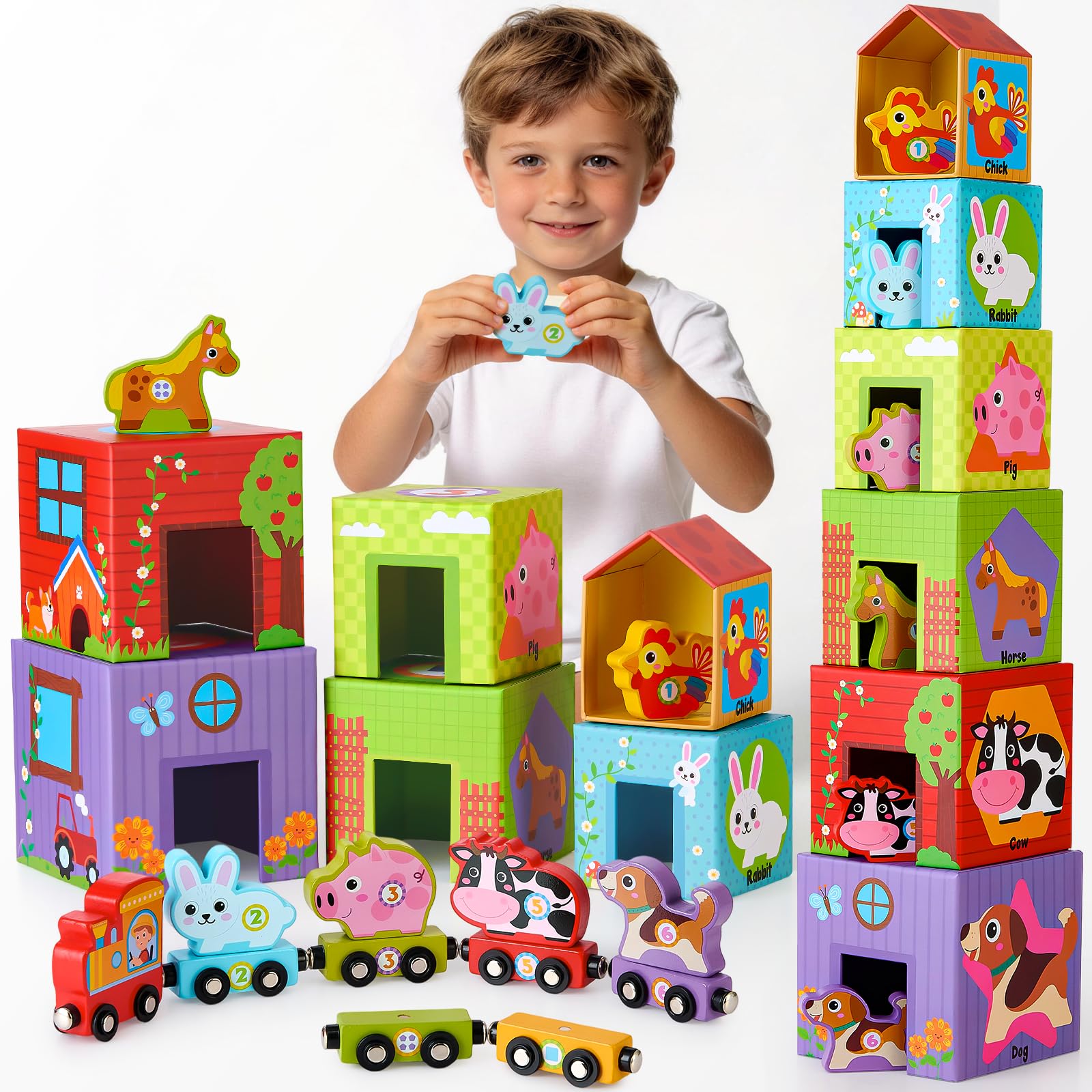 Atoylink Farm Sorting and Stacking Toys Blocks for Toddlers, Montessori Baby Blocks Nesting Boxes with Farm Animals and Magnetic Wooden Cars for Numbers Learning, Educational Toys Gifts for Boy Girl