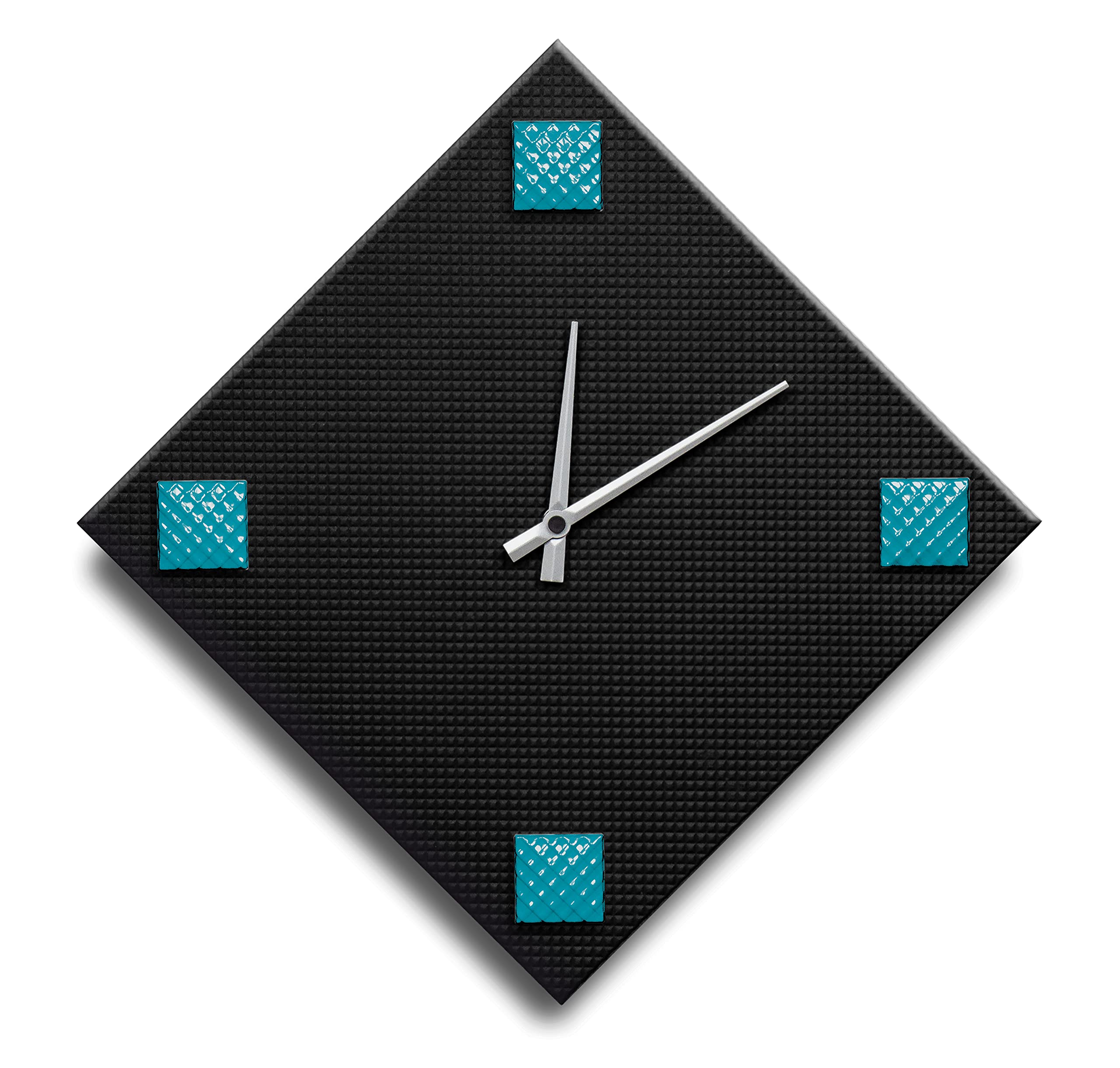 Mareli Wall Clock, 4 mm Wooden dial Covered Embossed Paper with Application of 4 Studs Coloured Enamelled Metal, Black and Turquoise, 42x42