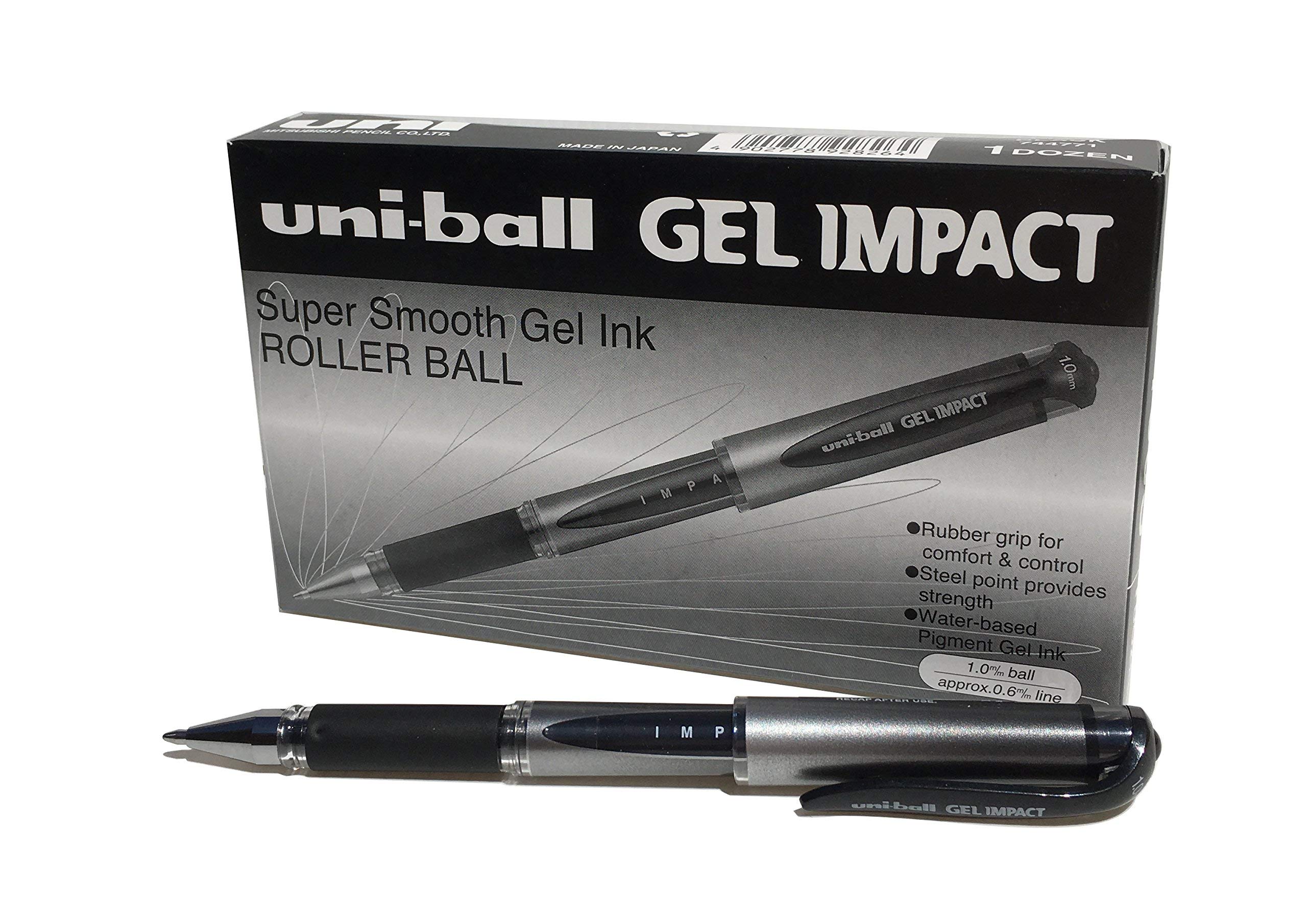 uni-ball - Gel Impact, Black Ink, Broad Nib, Rollerball Gel Pens (12pc Set) - Smooth, Comfortable, Long Lasting, Japanese Quality, for School, Work, Office, Study, Teacher, Notes, Journal, Gift