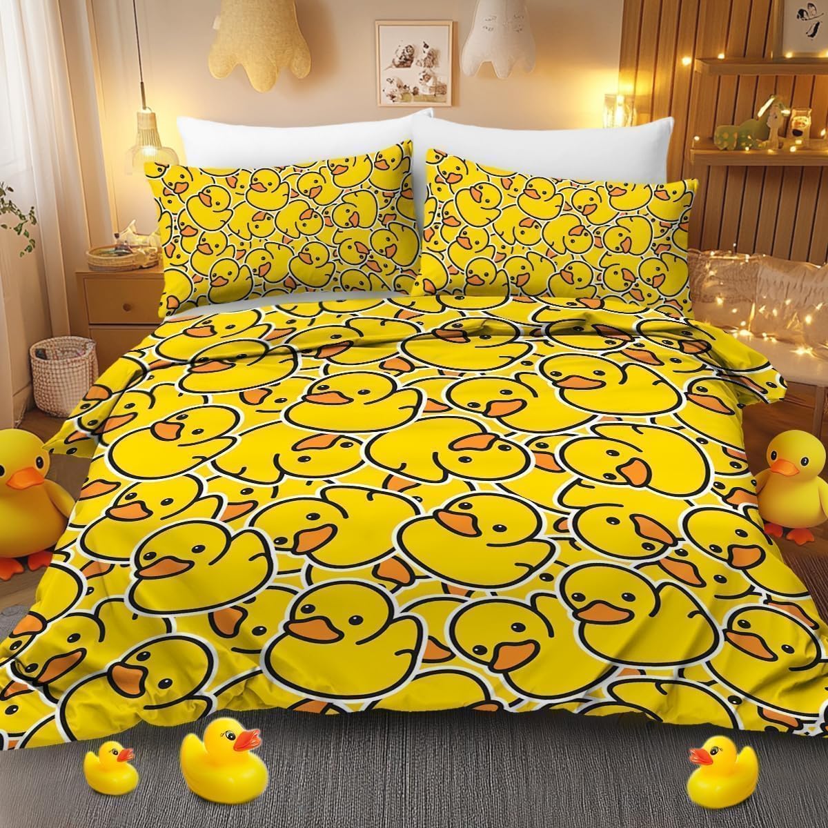 BlessLiving Kids' Duck Double Duvet Cover Set: Premium Brushed Microfiber Yellow Rubber Duck Double Bedding - 3-Piece Comfy Ducky Bedding Quilt Cover Set for Teens Boys Girls Bedroom