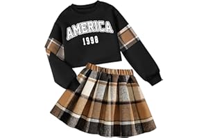 NECIOUS Girls Skirt Sets 2 Piece Outfits Long Sleeve Cute Sweatshirt and Plaid Mini Skirt Fall Winter Clothes