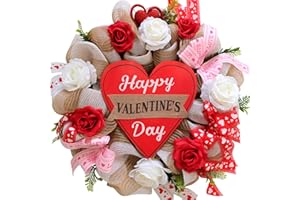 Egolot 16 Inch Valentines Day Deco Mesh Wreath for Front Door, Red and White Roses Mesh Happy Valentines Day Signed Wreath for Home Decor, Red Heart Ribbon Burlap Mesh Wreath for Valentines