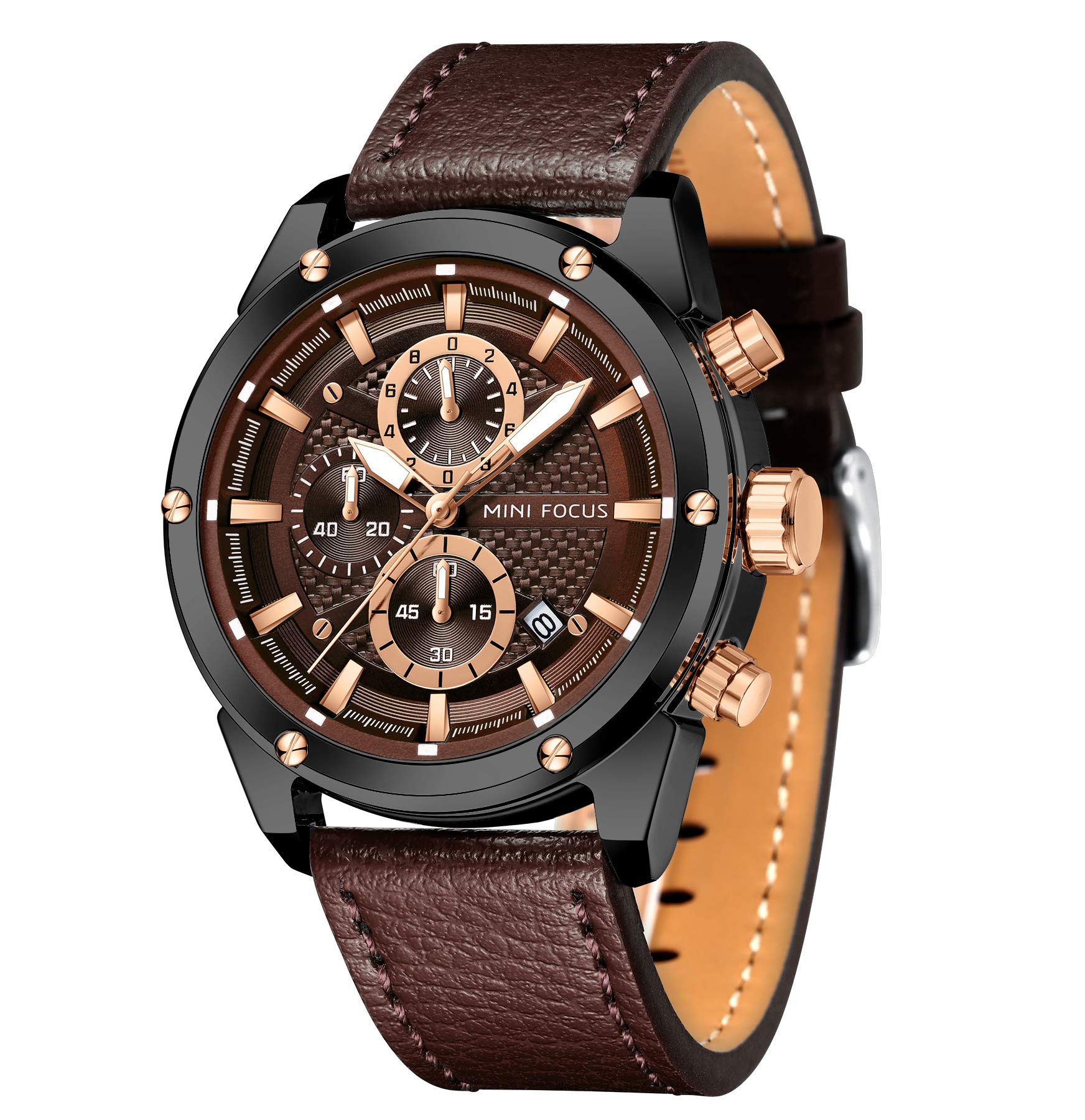 MINI Focus Relojes para hombre Relojes de pulsera informales de negocios (multifunción/impermeable/luminoso/calendario) Reloj de moda con correa de cuero genuino para hombres (marrón)